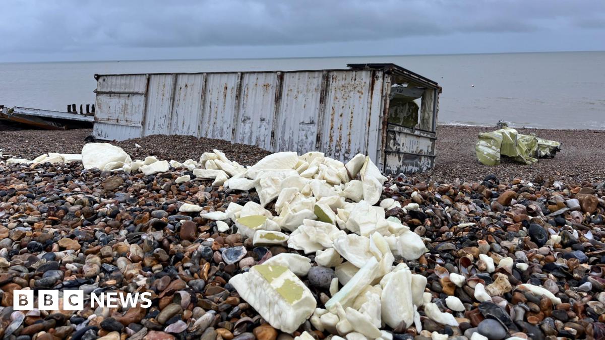 Debris from the containers strewn across the pebble beach in Selsey. It all appears to be packaged up.