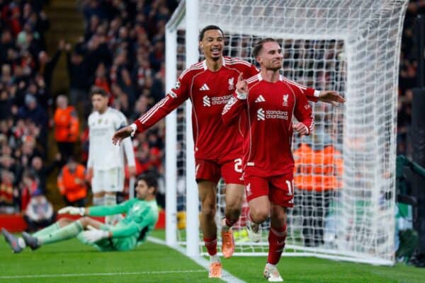 3D36DF9 Liverpool, UK. 4th Nov, 2025. Alexis Mac Allister of Liverpool celebrates scoring their first goal during the Liverpool vs Real Madrid UEFA Champions League match at Anfield, Liverpool. Picture credit should read: James Baylis/Sportimage Credit: Sportimage Ltd/Alamy Live News