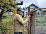 FILE - Dove Mark feeds chickens on his property in Bellingham, where his family moved, in part, to escape climate risks in Northern California. Courtesy of KUOW.