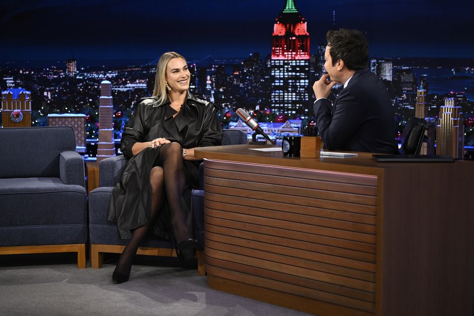 World No 1 tennis player Aryna Sabalenka during an interview with Jimmy Fallon in New York last night. Photo: Todd Owyoung/NBC via Getty Images