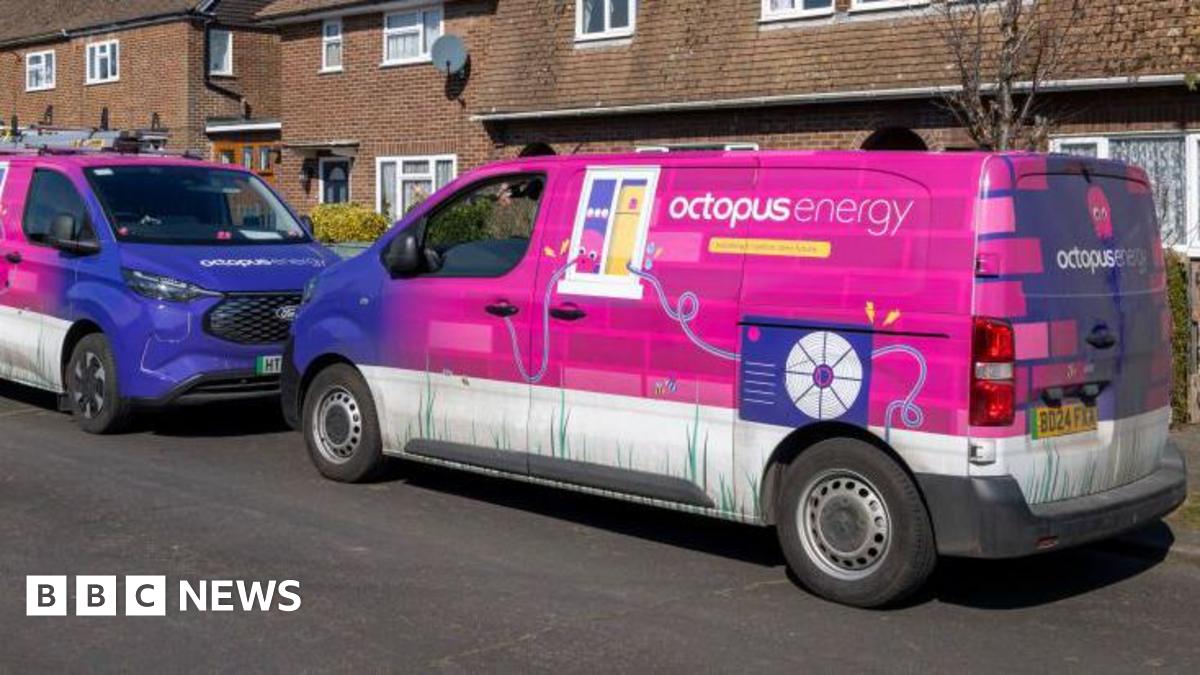 Two Octopus Energy vans parked outside a row of terraced housing
