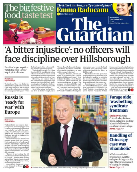 "'A bitter injustice': no officers will dace discipline over Hillsborough" reads the headline on the front page of The Guardian.