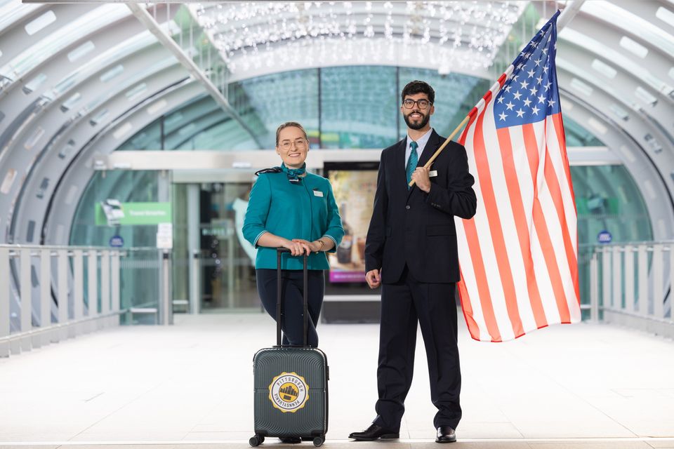 Aer Lingus cabin crew members Rusana Sobolevska and Pedro de Barros. Photo: Naoise Culhane
