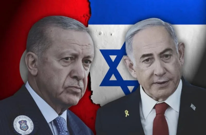 (L-R) Recep Tayyip Erdogan and Benjamin Netanyahu seen over flags of Turkey and Israel, respectively (illustrative) (credit: FLASH90/CANVA, REUTERS, SHUTTERSTOCK)