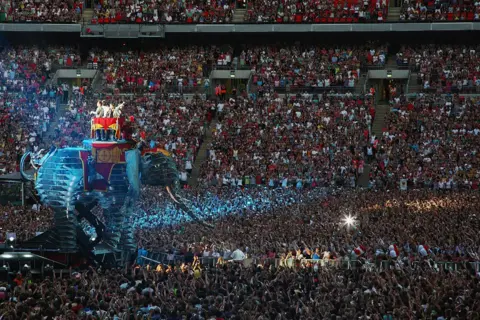 Getty Images Take That ride a giant animatronic elephant during their 2009 Circus tour
