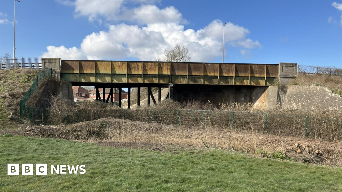The ageing Winterstoke Road Bridge, which is a yellow and green metal structure with heavy rust damage. It stretches over a railway track beside some fields and houses on the other side.