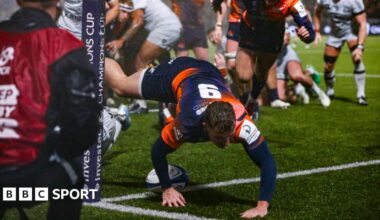 Ben Vellacott leaps over for his score in the corner