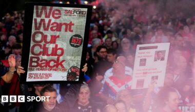 Salford Red Devils fans during a protest at the tail end of the 2025 Super League season