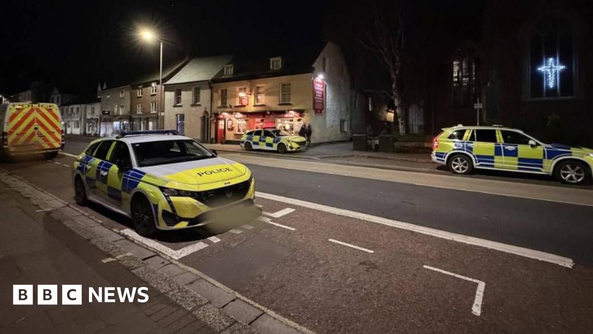 The picture shows a quiet street at night with a strong police presence. There are three marked police vehicles visible: a car parked in a designated bay in the foreground, another car across the street near a pub, and an SUV further down the road. A large police van is also parked on the left side of the image.