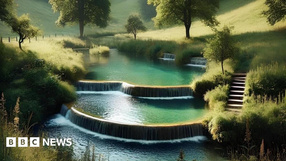 A computer-generated image of what one of the pools will look like. It is a tiered infinity pool with three platforms. There is a set of steps to the right, leading down to the bottom pool. In the background there are trees, fields and hedges and a wooden fence on the left. The water is bright green and blue with little splashing waves where water falls from the pool above.
