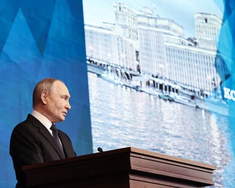Russian president Vladimir Putin speaks during an expanded meeting of the Defence Ministry Board at the National Defence Control Centre in Moscow, Russia.
