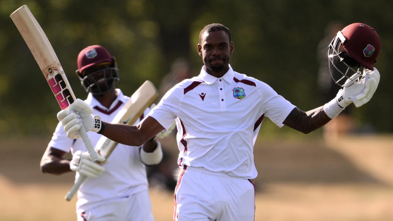 Justin Greaves of the West Indies celebrates after scoring 200 runs during Day 5 of the First Test match in the series between New Zealand and West Indies at Hagley Oval on December 6, 2025 in Christchurch, New Zealand. (Photo by Joe Allison/Getty Images)