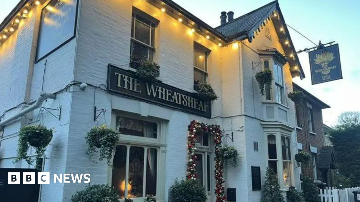 The outside of the Wheatsheaf pub - a white brick building with a pitched black roof. There are Christmas lights lining the roof.