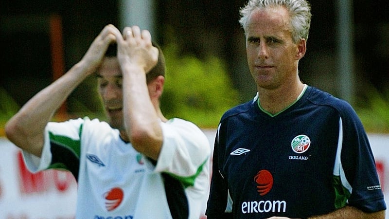 Roy Keane and Mick McCarthy during a practice game in Saipan on  May 23rd, 2002.  Photograph: Kieran Doherty/Reuters