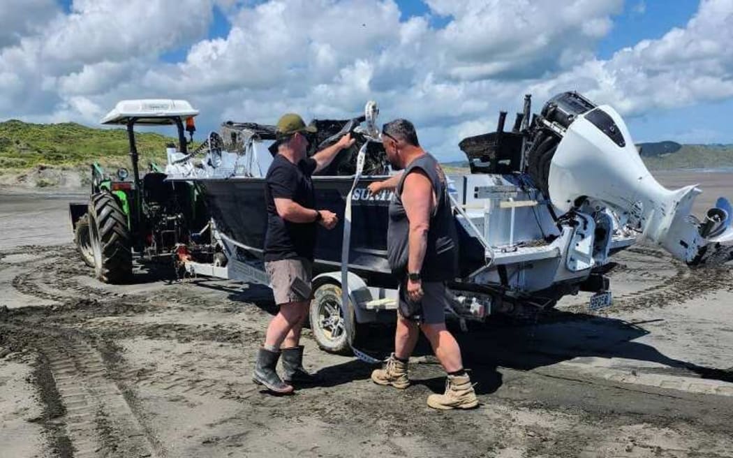 Darren Teague and his boat that capsized on the Raglan Bar on 1 November.