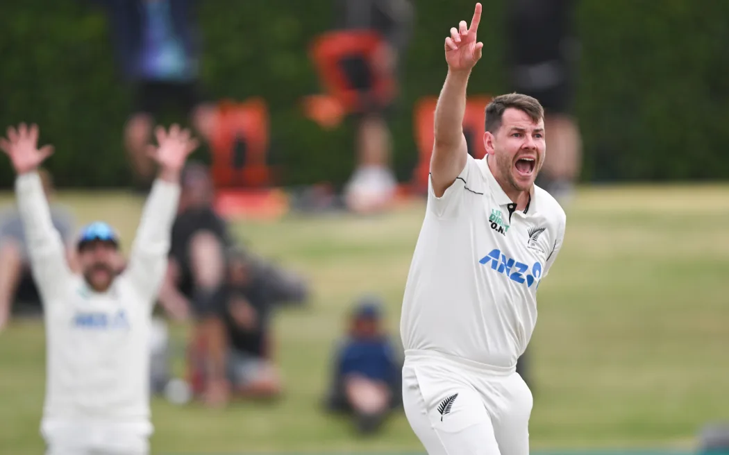 New Zealand bowler Jacob Duffy appeals unsuccessfully during play on Day 2 of the 3rd cricket test match between New Zealand and West Indies at Bay Oval in Mt Maunganui.