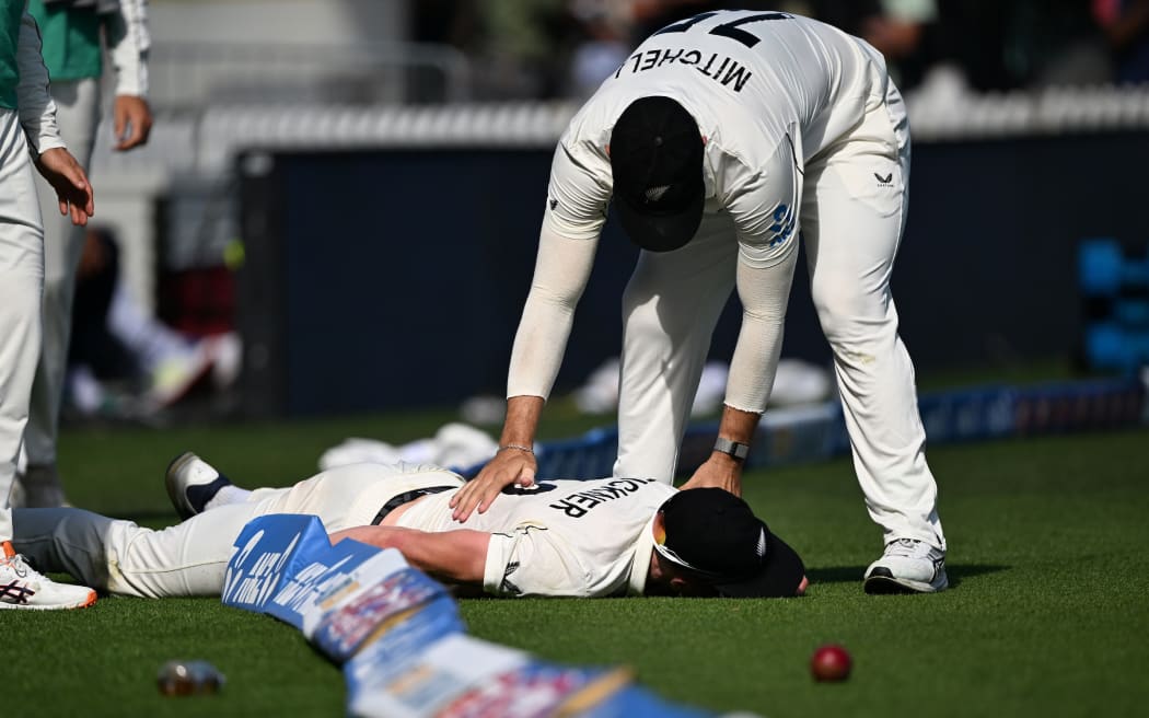 Injured New Zealand bowler Blair Tickner during play on Day 1 of the 2nd cricket test match between New Zealand and West Indies at the Basin Reserve in Wellington, New Zealand. Wednesday 10 December 2025. © Photo: Andrew Cornaga / Photosport