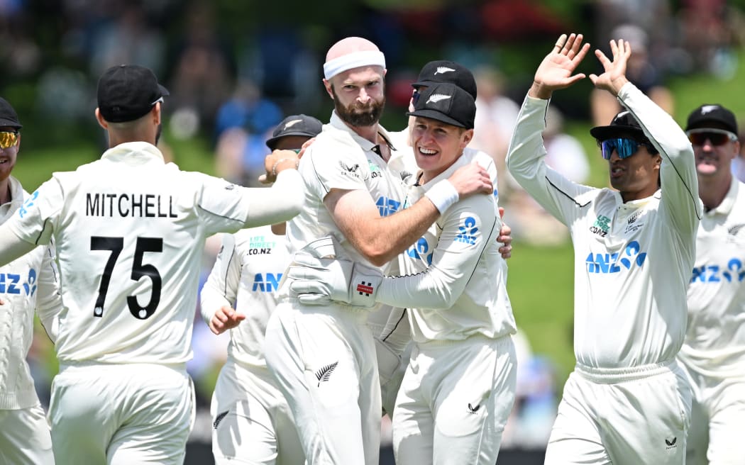 New Zealand bowler Michael Rae celebrates his first test wicket, John Campbell, caught Mitchell during play on Day 1 of the 2nd cricket test match between New Zealand and West Indies at the Basin Reserve in Wellington, New Zealand. Wednesday 10 December 2025. © Photo: Andrew Cornaga / Photosport