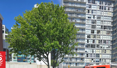 Car tips onto side after crash on Nelson Street in central Auckland