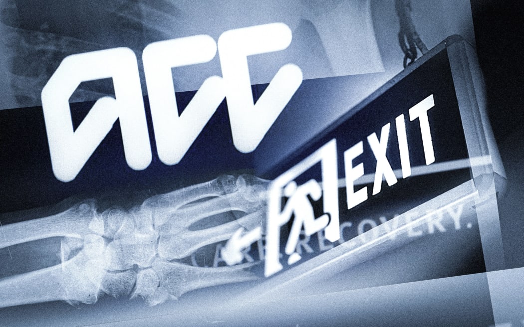 Stylised composite of ACC logo, x-rays, and exit sign.