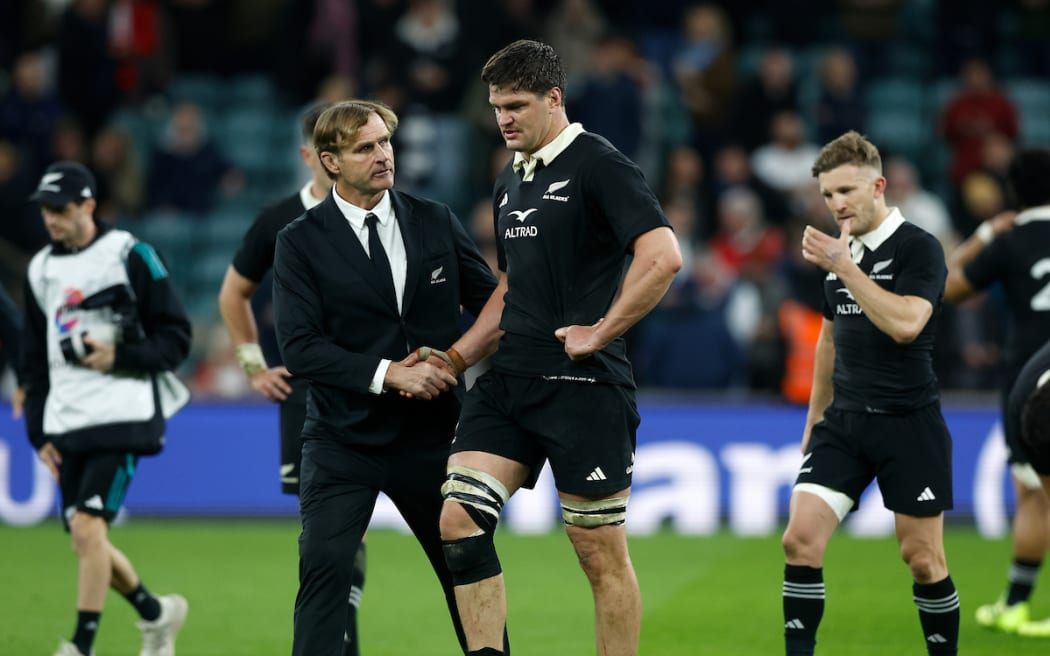 Scott Robertson (left) and Scott Barrett after the England v All Blacks at Twickenham Stadium, London.