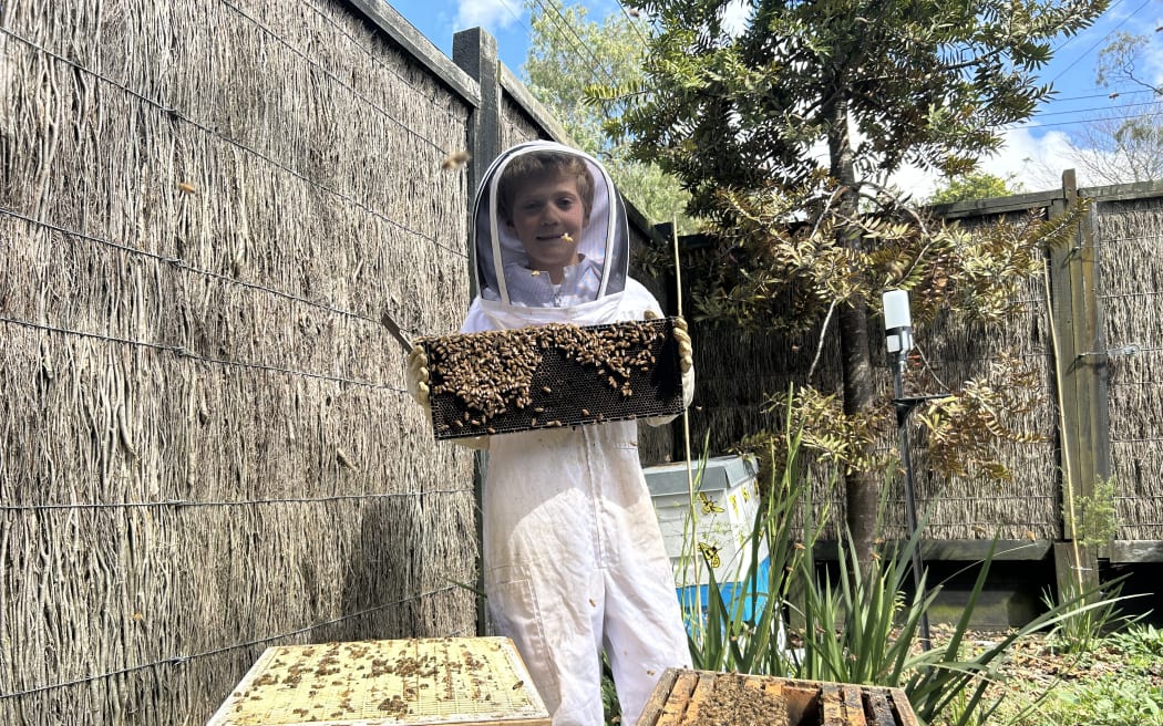 Picture depicts a child beekeeper, holding a hive.