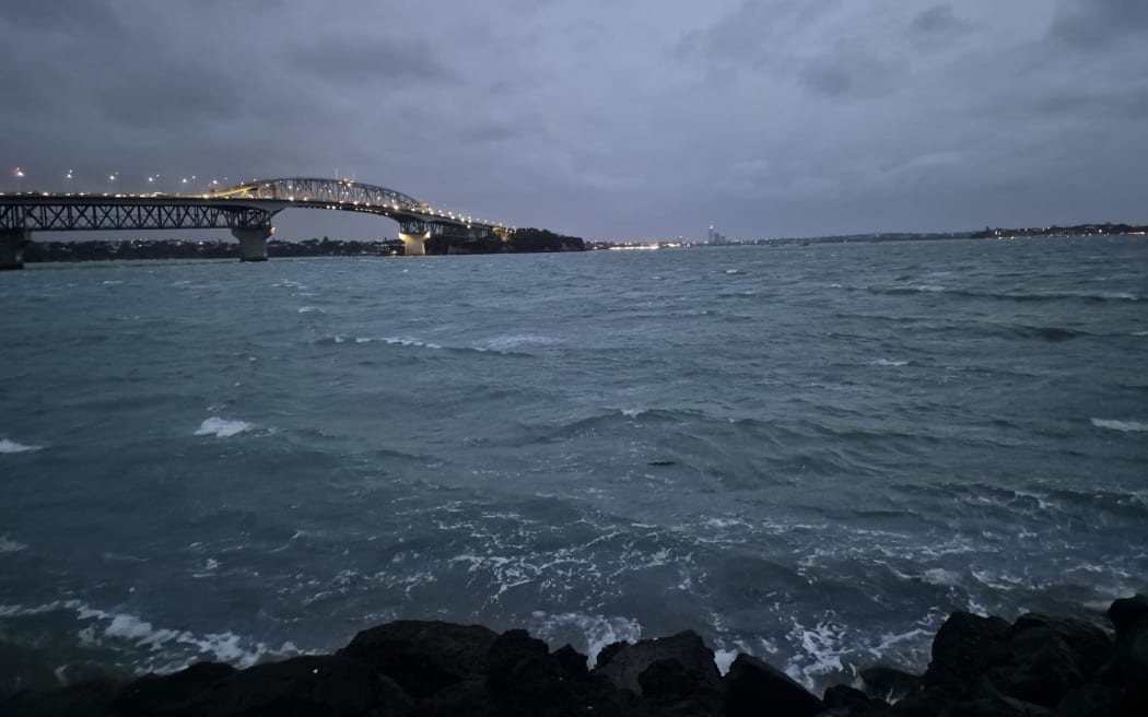 Auckland Harbour Bridge during storm