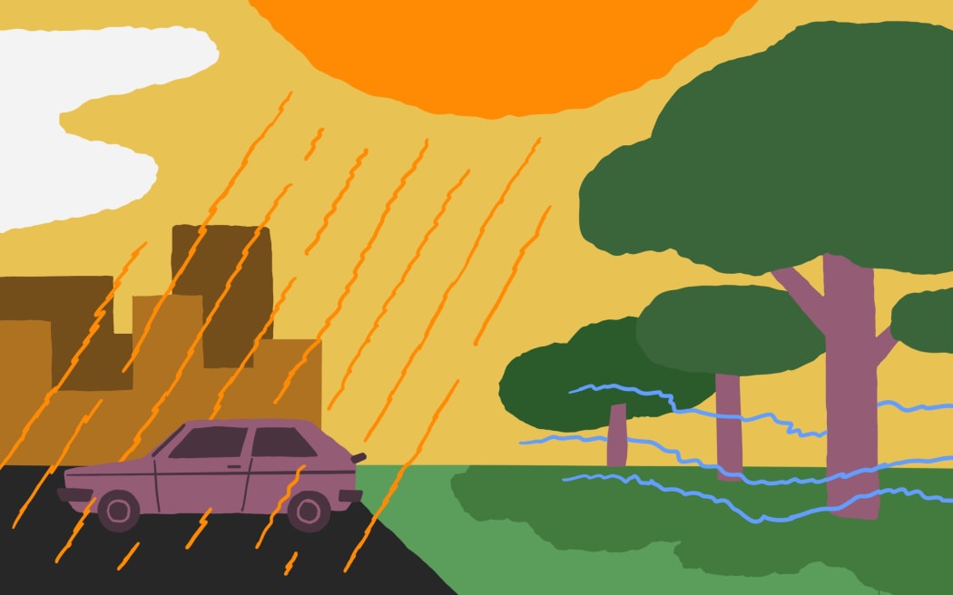 Stylised illustration of hot sun shining down on parked car and trees creating shade