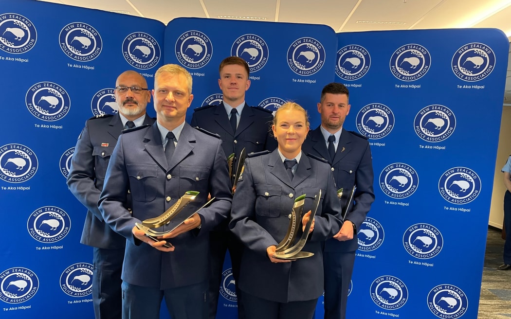 Award winners (from left) Detective Sergeant Heath Jones, Constable Patrick Noiseux, Constable Kurtis Maney,  Detective Constable Jaime Stewart and Constable Mark Bancroft.