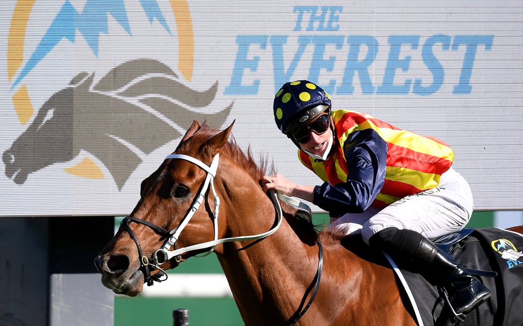 Jockey James McDonald rides Nature Strip to victory in race 7, The Everest, at Royal Randwick Racecourse in Sydney, Saturday, October 16, 2021. (AAP Image/Dan Himbrechts) NO ARCHIVING, EDITORIAL USE ONLY