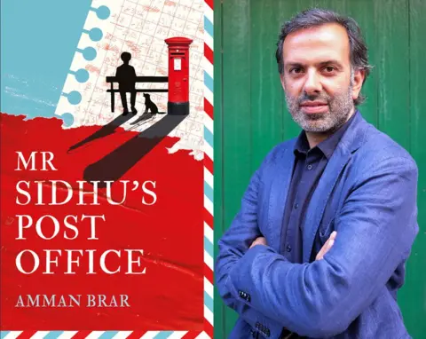 Juniper/Shyamantha Asokan Red and blue book jacket with silhouette of a man and a dog on a bench next to a postbox, alongside an image of the author who has short black/greying hair and beard and is wearing a blue jacket.