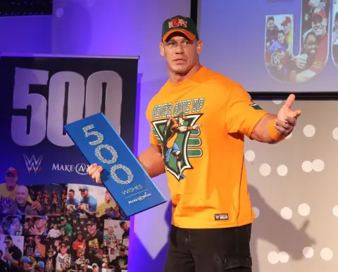 Getty Images WWE superstar wrestler John Cena attends the Make-A-Wish celebration event for John Cena's 500th Wish Granting Milestone at Dave & Buster's Time Square on August 21, 2015 in New York City.