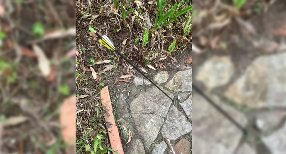 The arrow sticks out of the ground with a yellow and white tail. 