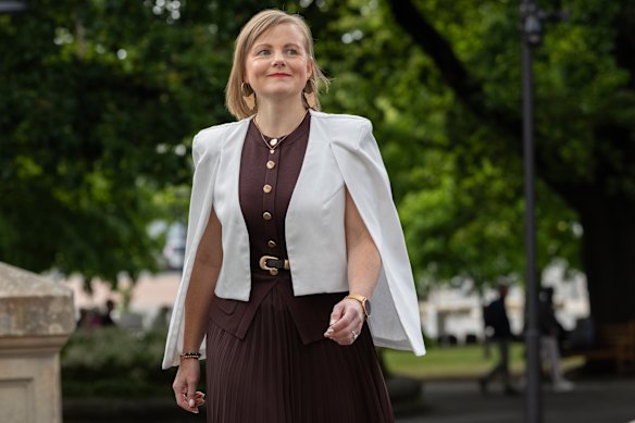 Tasmanian independent Bec Thomas outside parliament in Hobart.