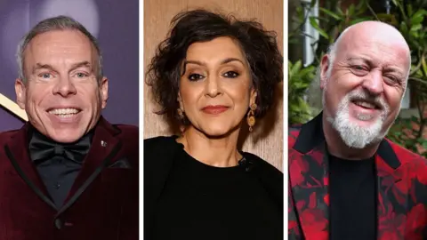 Getty Images A composite of Warwick Davis, Meera Syal and Bill Bailey. Davis has short grey hair swept to one side and is wearing a burgundy velvet jacket with a black bow-tie and shirt. Syal has short dark curly hair and is wearing a black top. Bailey is balding with his grey hair tied back and a grey beard. He is wearing a red and black floral-patterned suit jacket with black top underneath.