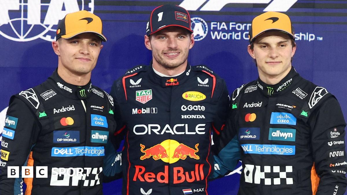 Lando Norris, Max Verstappen and Oscar Piastri pose for photographs after qualifying in Abu Dhabi