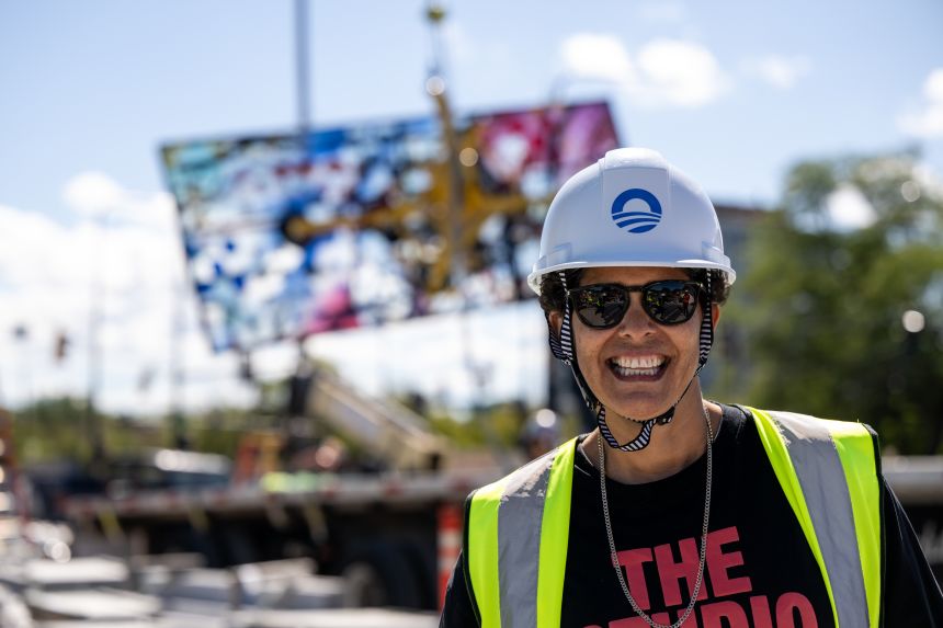 Mehretu at the Obama Presidential Center worksite during the installation of her 83-foot-tall painted glass window titled “Uprising of the Sun,” in Chicago.