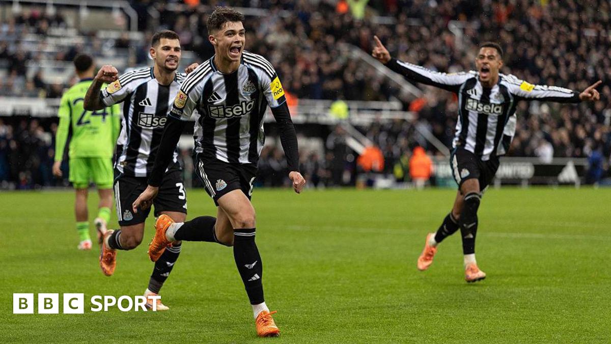 Lewis Miley celebrates after scoring for Newcastle United against Fulham at St James' Park on 18 December, 2025