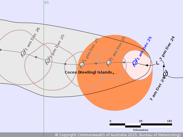 A map of a cyclone forecast with Cocos Islands located and dots of category 2 systems surrounding it.