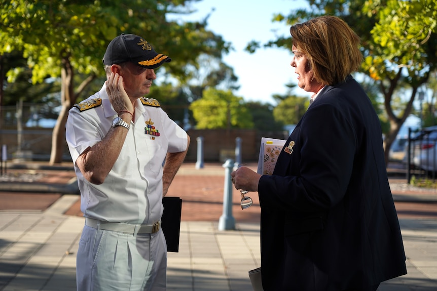 Director General Australian Submarine Agency, Vice Admiral Jonathan Mead speaking with Rockingham Mayor Lorna Buchan