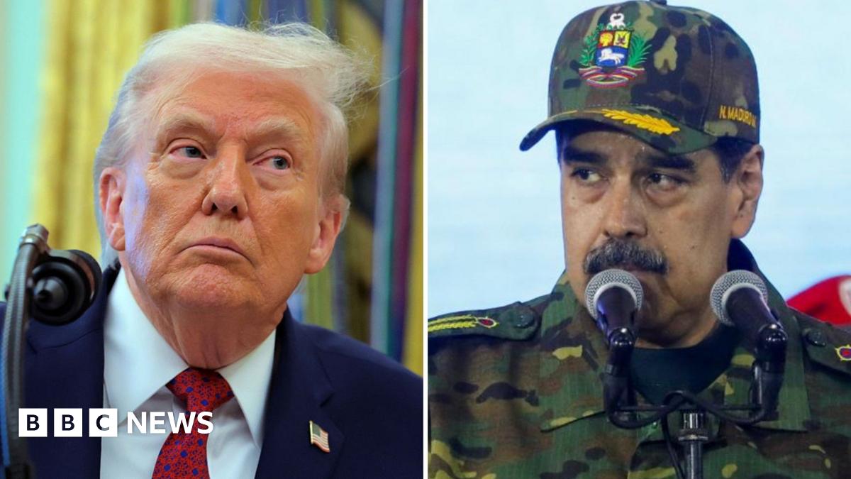 A split screen of US President Donald Trump and Venezuela president Nicolas Maduro. Trump is wearing a navy blue suit, red tie and white shirt, while Maduro is wearin a camouflage jacket and hat.