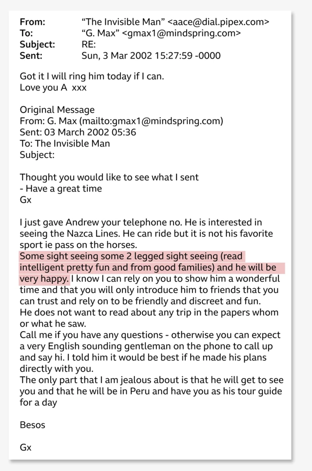 Graphic showing an email header and body, with the header showing the email was from “The Invisible Man” (aace@dial.pipex.com) to “G. Max” (gmax1@mindspring.com) with the subject “RE:”  and sent on 3 March 2002. It reads: "Got it I will ring him today if I can. Love you A xxx”. It was sent in reply to an email below from G. Max to “The Invisible Man” earlier that day, which reads: "Thought you would like to see what I sent- Have a great time Gx — I just gave Andrew your telephone no. He is interested in seeing the Nazca Lines. He can ride but it is not his favorite sport ie pass on the horses. Some sight seeing some 2 legged sight seeing (read intelligent pretty fun and from good families) and he will be very happy. I know I can rely on you to show him a wonderful time and that you will only introduce him to friends that you can trust and rely on to be friendly and discreet and fun. He does not want to read about any trip in the papers whom or what he saw. Call me if you have any questions - otherwise you can expect a very English sounding gentleman on the phone to call up and say hi. I told him it would be best if he made his plans directly with you. The only part that I am jealous about is that he will get to see you and that he will be in Peru and have you as his tour guide for a day. Besos Gx"