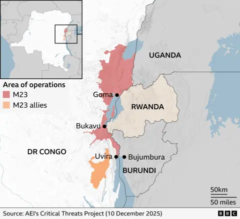 A map of eastern DR Congo, showing the area of operations of the M23 and its allies, along with Goma, Bukavu, Uvira, Bujumbura, Rwanda, Burundi and Uganda