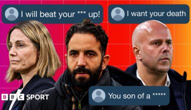 A composition image of offensive social media posts about football managers Arne Slot, Ruben Amorim and Sonia Bompastor