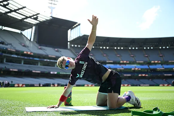 England’s reserve batsman Jacob Bethell warming up for training at the MCG.
