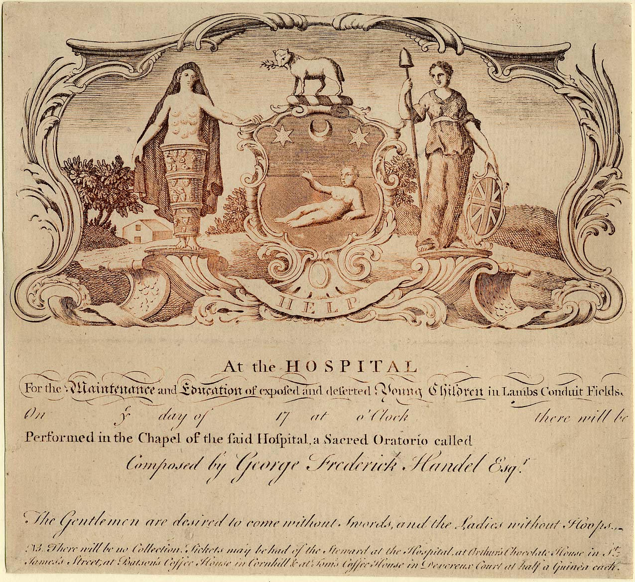 An old ticket for a performance of a sacred oratorio by Handel to be performed at the Foundling Hospital.