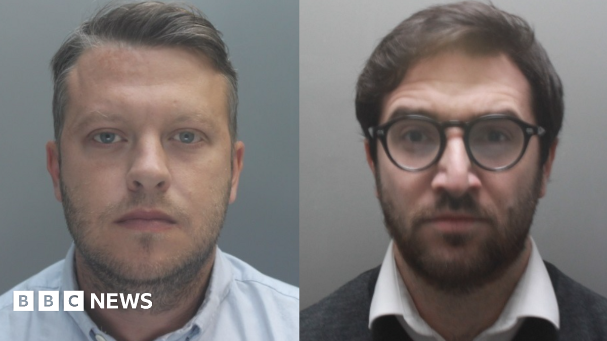 A composite of James Johnson and Louis James. James has short dark hair swept over, and is wearing a light shirt. Louis has dark hair and is wearing glasses, and a white shirt under a dark jumper.