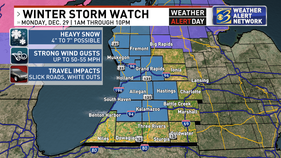 A Winter Storm Watch was issued for Monday, Dec. 29, 2025. Heavy snow and strong wind gusts were expected to create treacherous travel conditions. (WWMT)