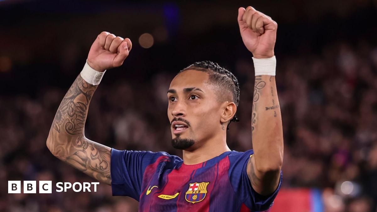 Raphinha of Barcelona celebrates scoring against Osasuna