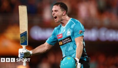 Brisbane Heat all-rounder Jack Wildermuth roars in celebration after victory over Perth Scorchers